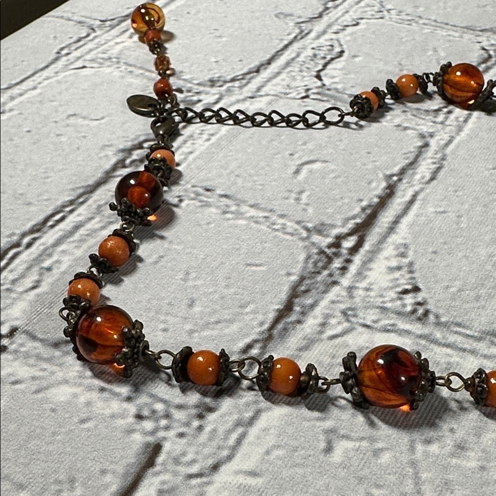 Elegant Burnt Orange Beaded Teardrop Statement Necklace 19” - Picture 7 of 10